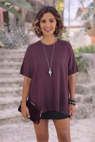 Mürdüm Renk Oversize Triko Bluz