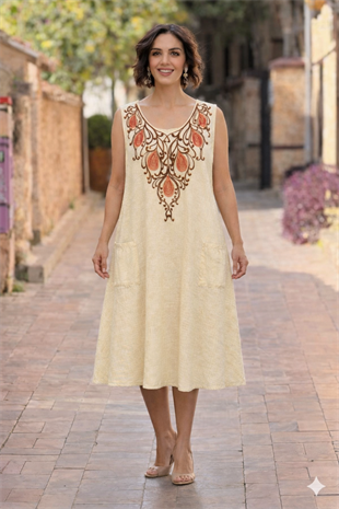 Sarmaşık Nakışlı Keten Elbise