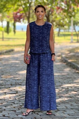 Sicily Denim Renk Düğmeli Pantolon Bluz İkili Takım