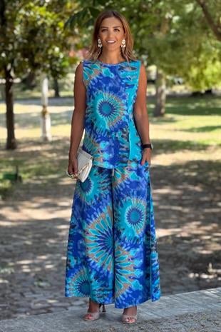 Sicily Mavi Etnik Desen Pantolon Bluz İkili Takım