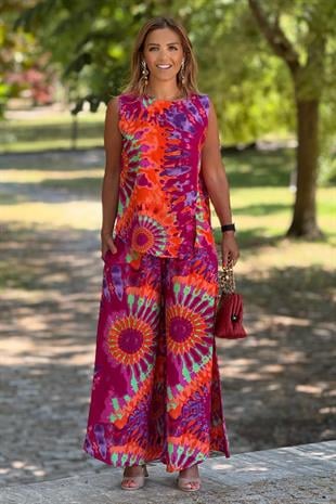 Sicily Pembe Etnik Desen Pantolon Bluz İkili Takım