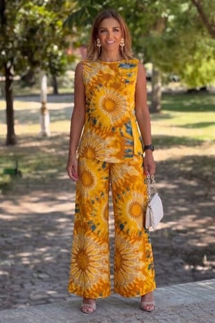 Sicily Sarı Etnik Desen Pantolon Bluz İkili Takım