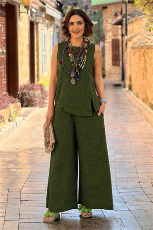 Sicily Yeşil Kırçıllı Pantolon Bluz İkili Takım