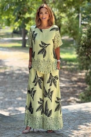 Sicily Yeşil Zeytin Çiçeği Desenli Pantolon Bluz İkili Takım