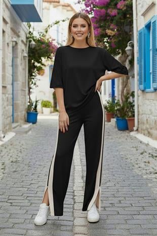 Siyah Alaçatı Modal Pantolon Bluz Takım