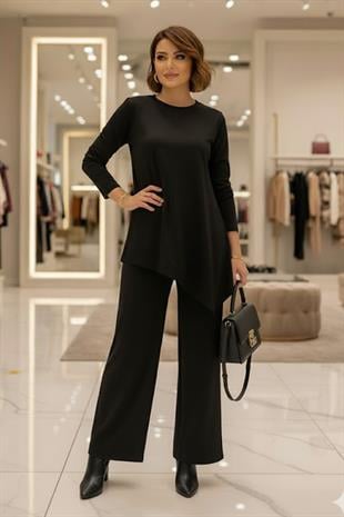 Siyah Asimetrik Kesim Modal Kumaş Takım