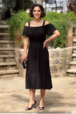 Siyah Askılı Taşlı Madonna Elbise