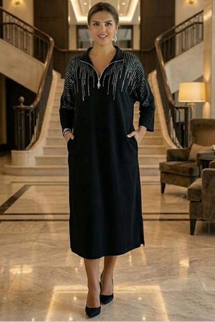 Siyah Diamond Taş Detaylı Elbise