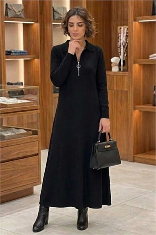 Siyah Elegance Modal Kumaş Fermuar Detaylı Elbise
