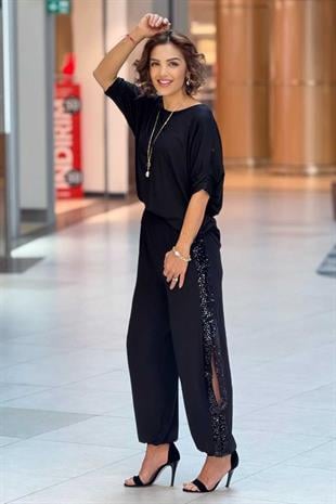 Siyah Pul Payet Detaylı Yırtmaçlı Pamuklu Şalvar