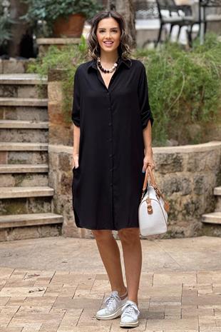 Siyah Renk %100 Pamuk Midi Boy Gömlek Elbise