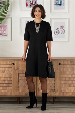 Siyah Renk Düz Triko Elbise