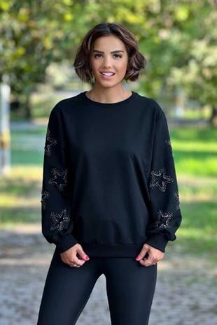 Siyah Renk Yıldız Taşlı %100 Pamuk Sweatshirt