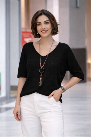 Siyah Takı Hediyeli Kısa Kol İtalyan Bluz