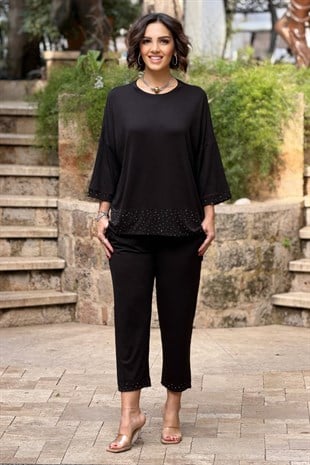 Siyah Taş Garnili Pantolon Bluz İkili Takım