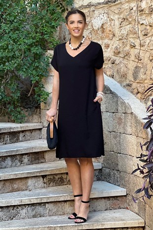 Siyah V Yaka Basic %100 Pamuk Viskon Elbise
