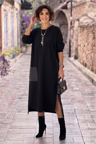 Siyah Yırtmacı Fermuarlı Modal Kumaş Oversize Elbise