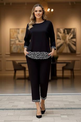 Siyah Zincir Garnili Pamuklu Pantolon Bluz Takım