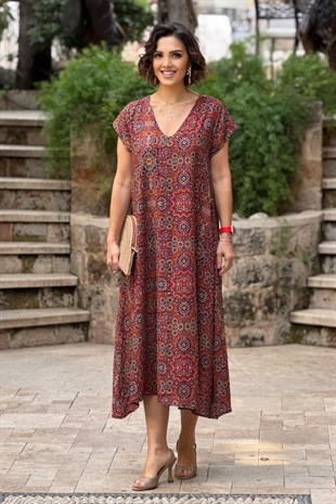 Turuncu Çini Desenli Elbise