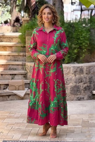 YARIM PATLI PEMBE Resif Desenli Elbise
