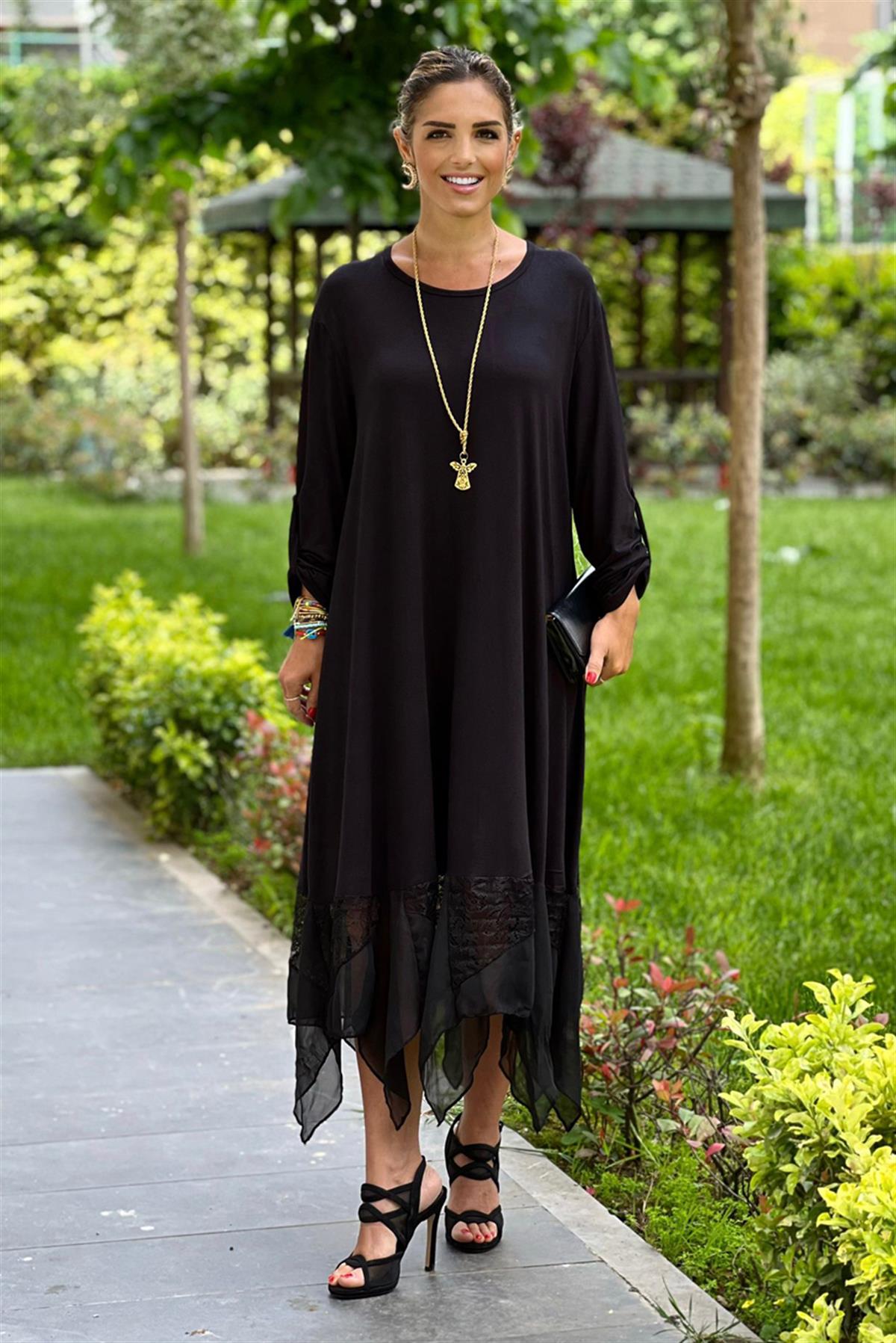 İtalyan Dark Angel Dantelli Uzun Kol Siyah Elbise