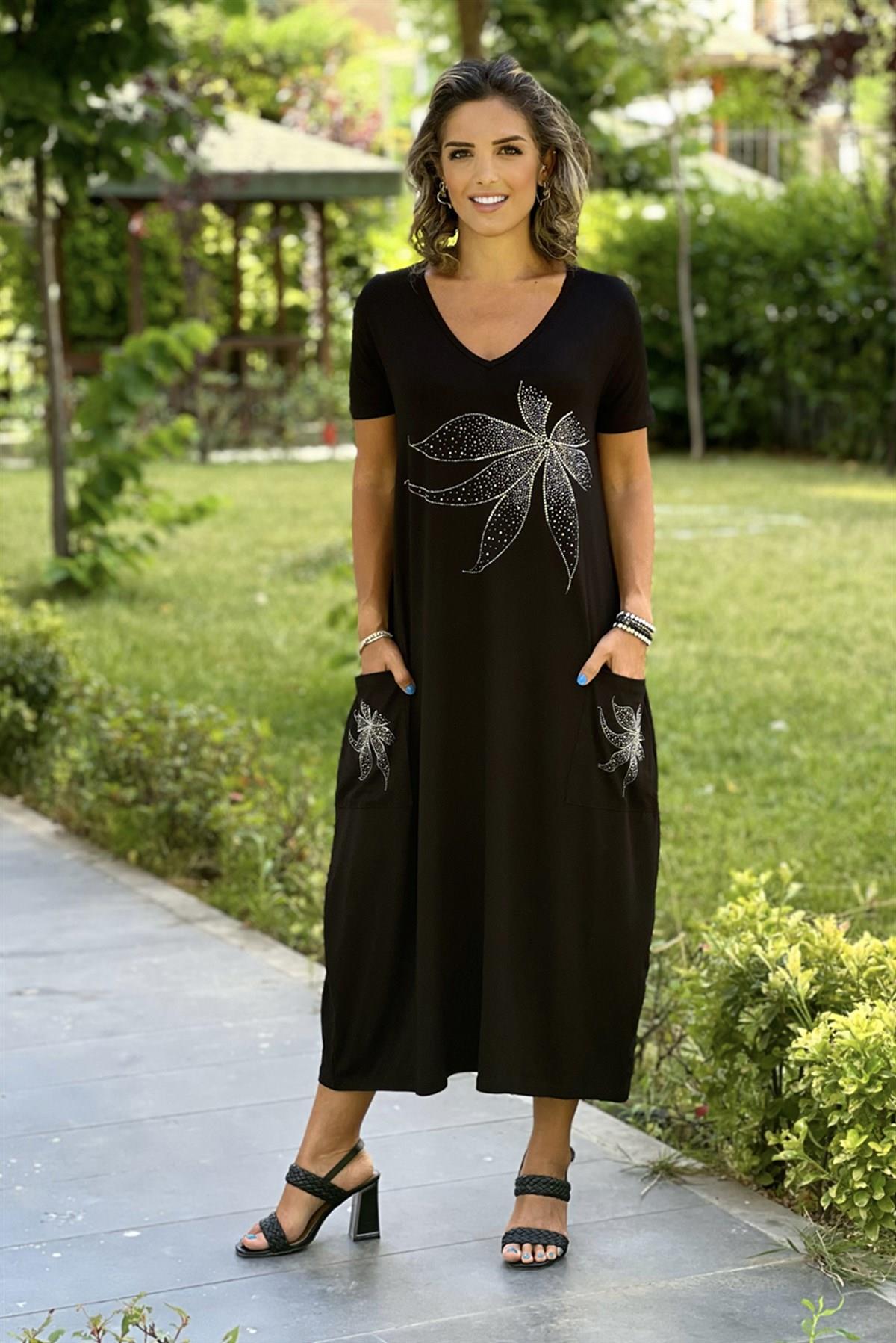 Palmiye Taşlı Siyah İnce Gösteren Elbise