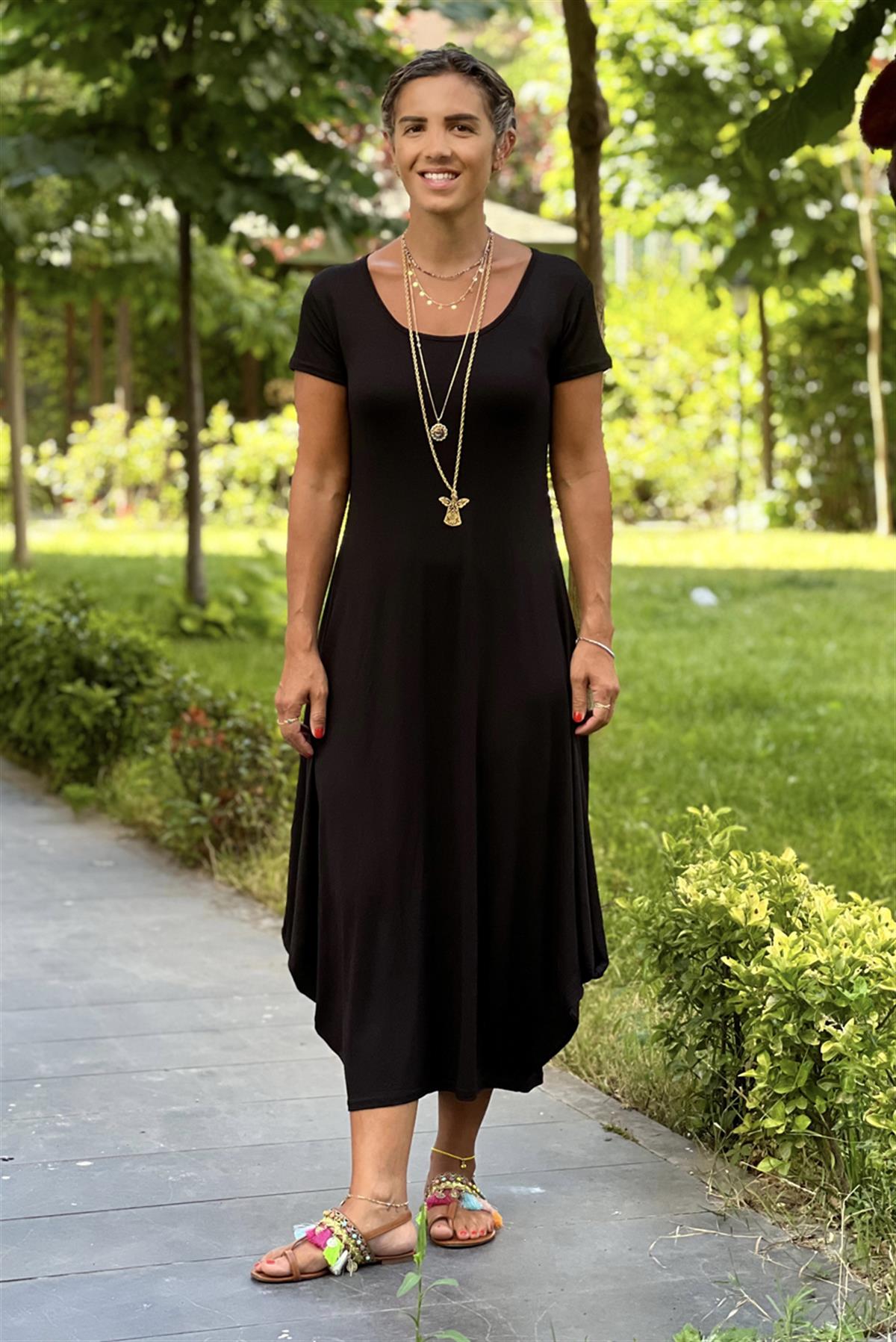 Siyah Luna Şalvar Görünümlü Pamuklu Yazlık Elbise