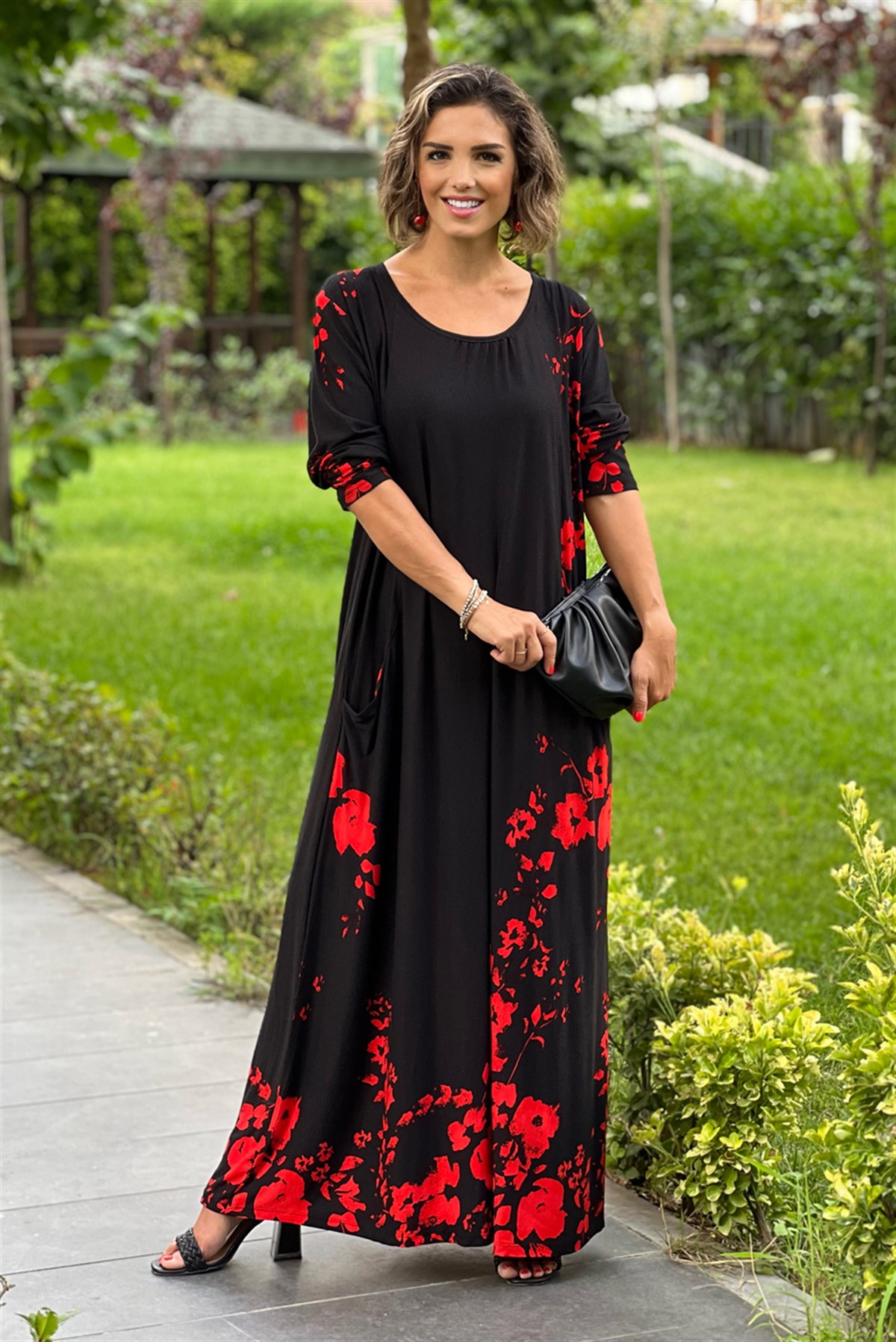 Uzun Kollu Siyah Kırmızı Ateş Çiçekli Elbise