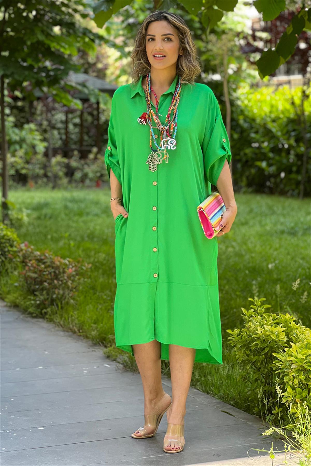 Yeşil Metal Tokalı Gömlek Elbise