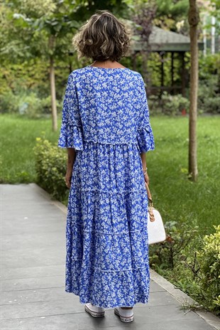 Mavi Papatya Desenli Elbise