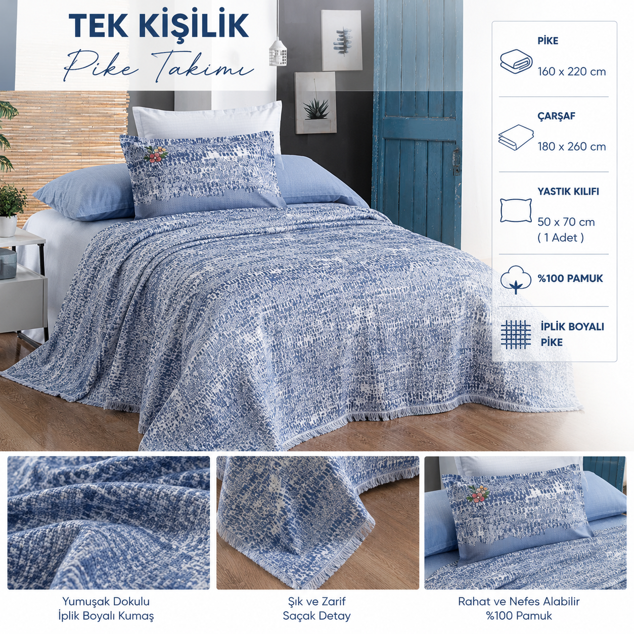 SAREV TEK KİŞİLİK PİKE TAKIMI DARCİA İNDİGO
