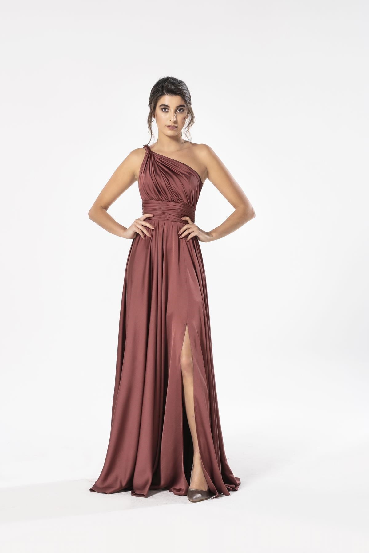 HELEN TEK OMUZ SATEN ELBİSE