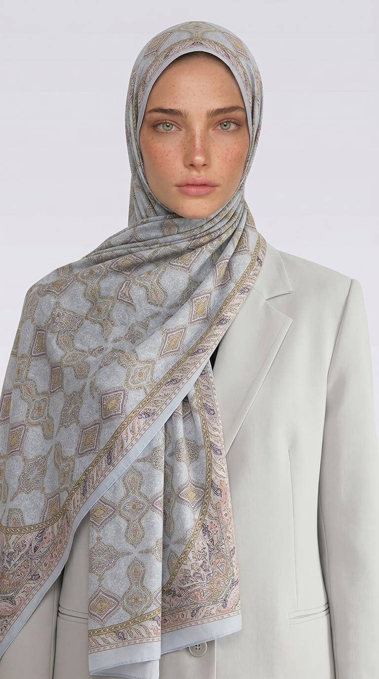 AHENK DESENLİ COTTON ŞAL - KREM / BUZ MAVİSİ 