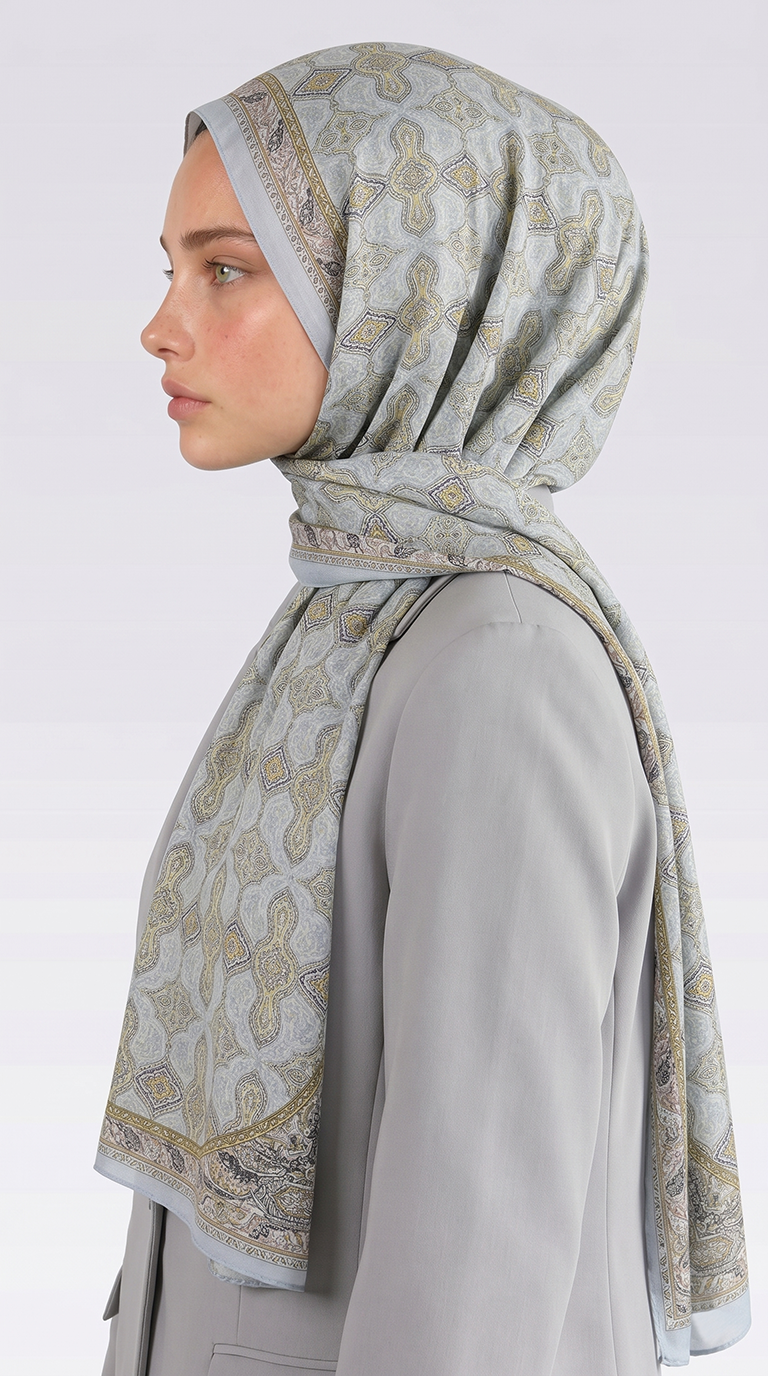 AHENK DESENLİ COTTON ŞAL - KREM / BUZ MAVİSİ 