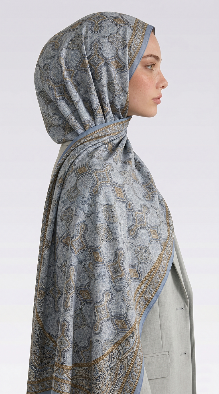 AHENK DESENLİ COTTON ŞAL - KREM / BUZ MAVİSİ 
