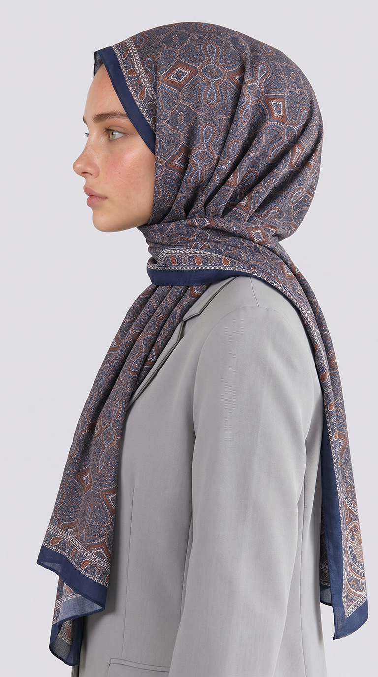 AHENK DESENLİ COTTON ŞAL - LACİVERT / KİREMİT