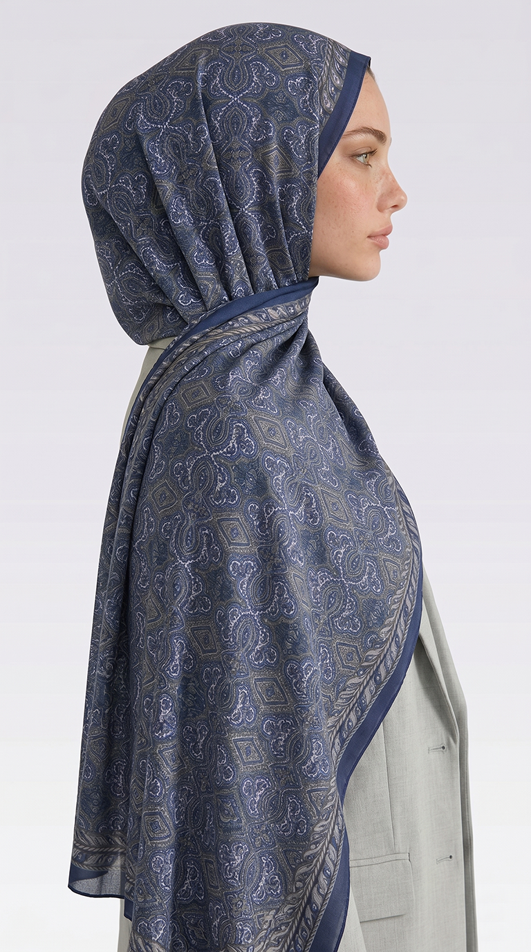 AHENK DESENLİ COTTON ŞAL - LACİVERT