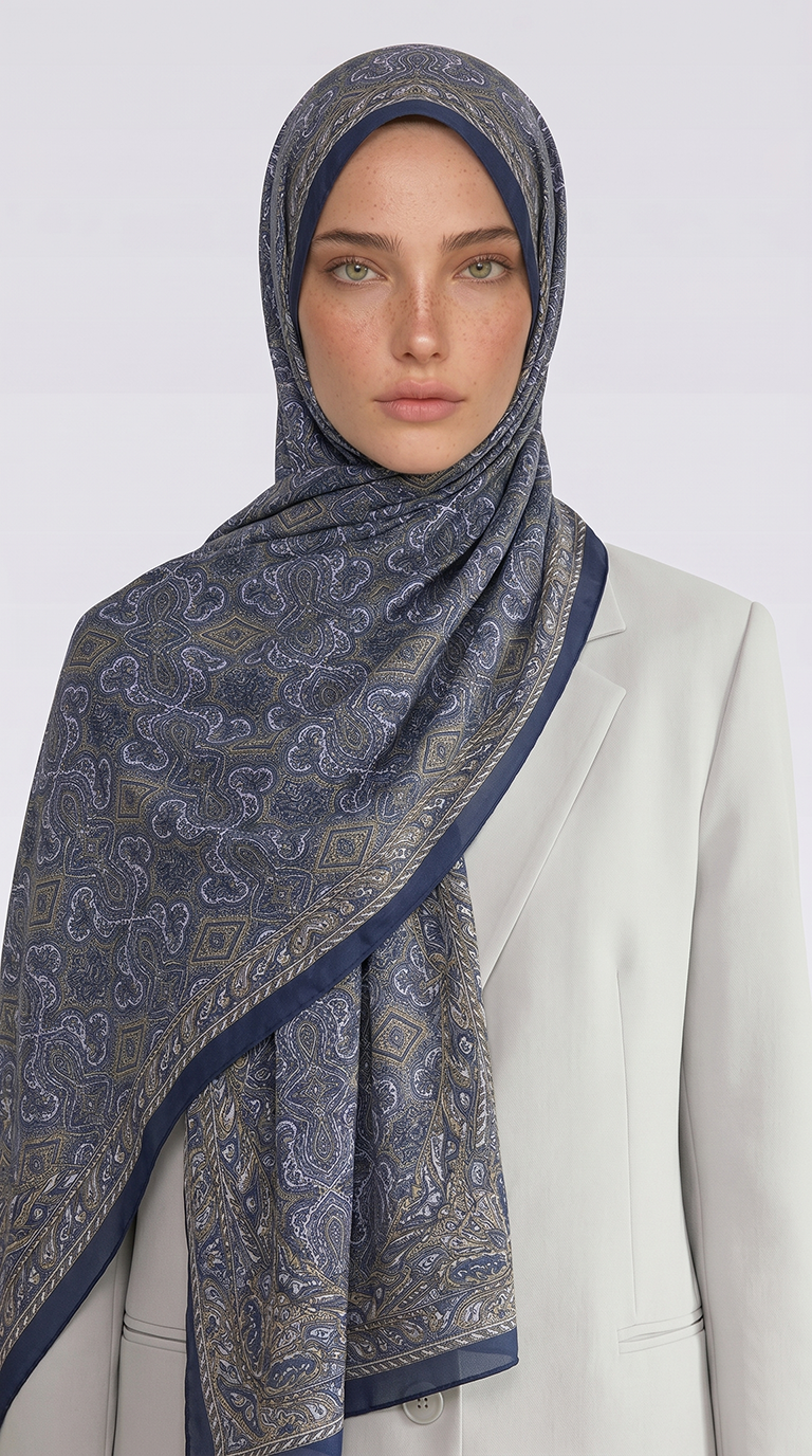 AHENK DESENLİ COTTON ŞAL - LACİVERT