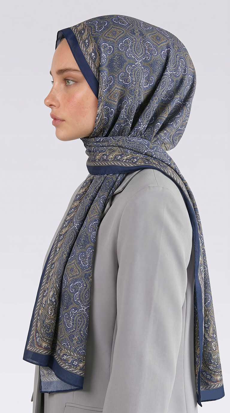 AHENK DESENLİ COTTON ŞAL - LACİVERT