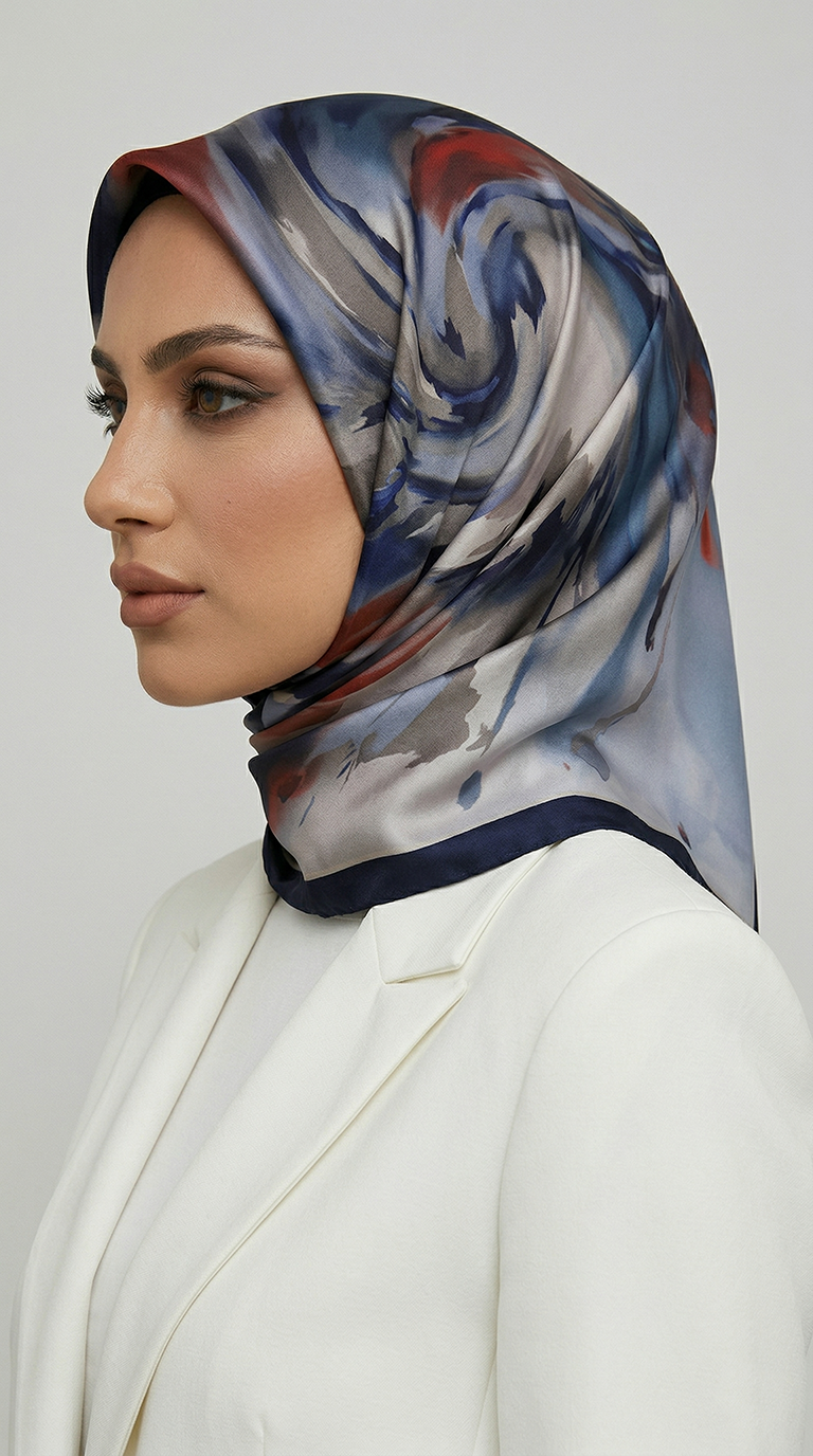 AKIŞ DESENLİ RAYON EŞARP -  LACİVERT  / KIRMIZI