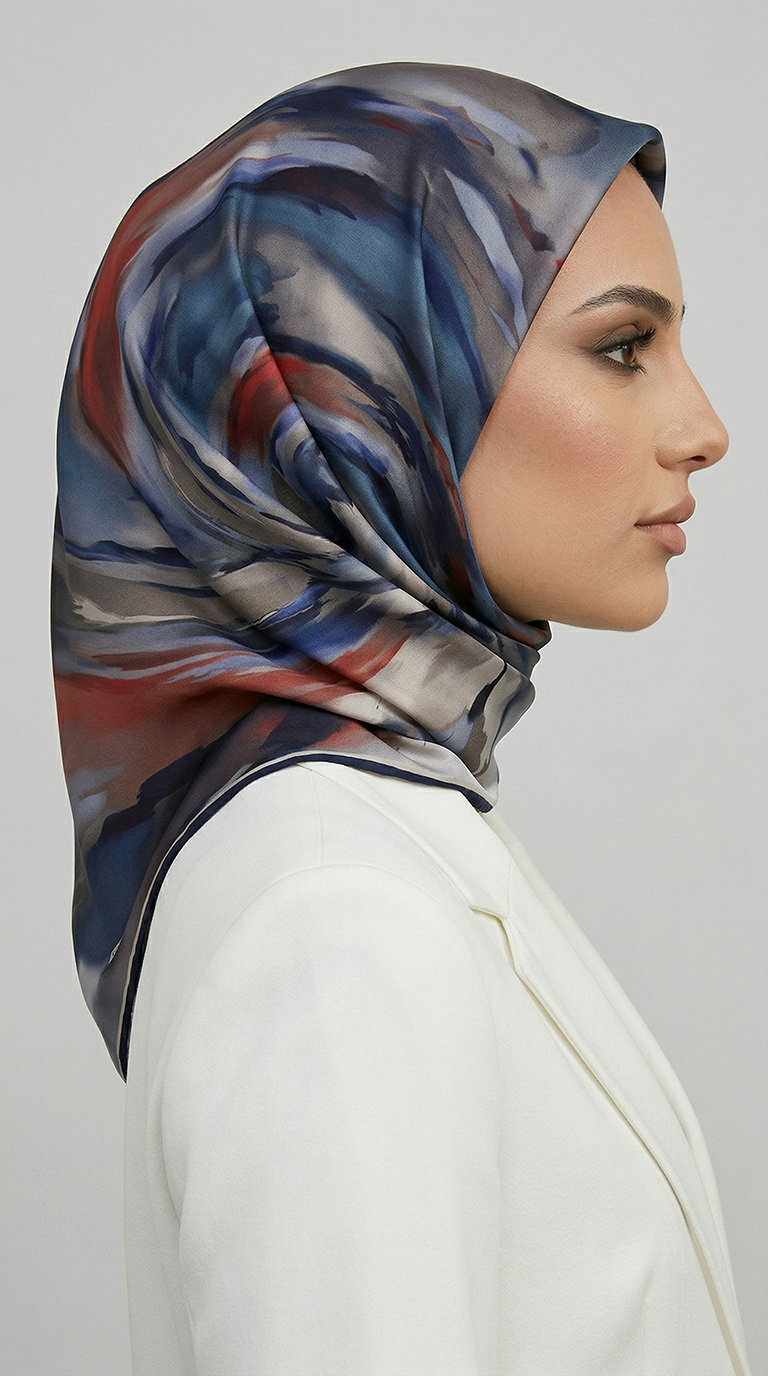 AKIŞ DESENLİ RAYON EŞARP -  LACİVERT  / KIRMIZI