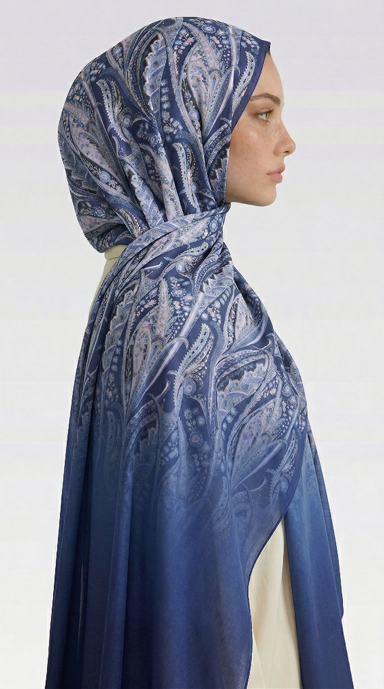 ALMERA DESENLİ COTTON ŞAL - LACİVERT / BEYAZ