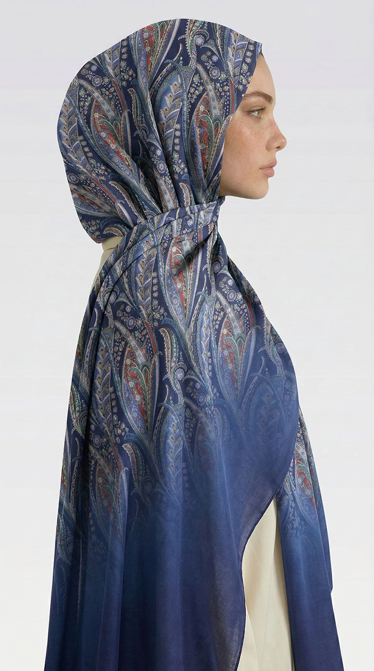 ALMERA DESENLİ COTTON ŞAL - LACİVERT / KİREMİT 