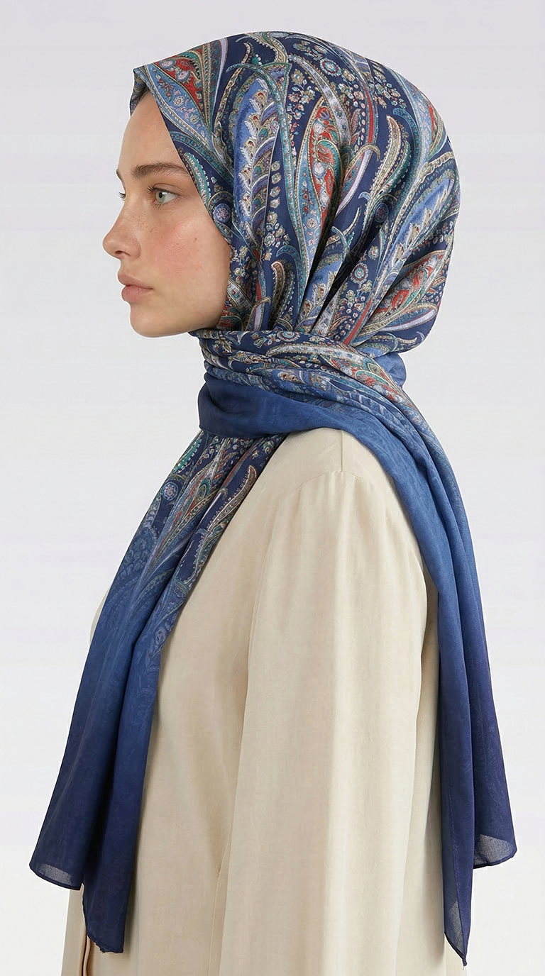 ALMERA DESENLİ COTTON ŞAL - LACİVERT / KİREMİT 