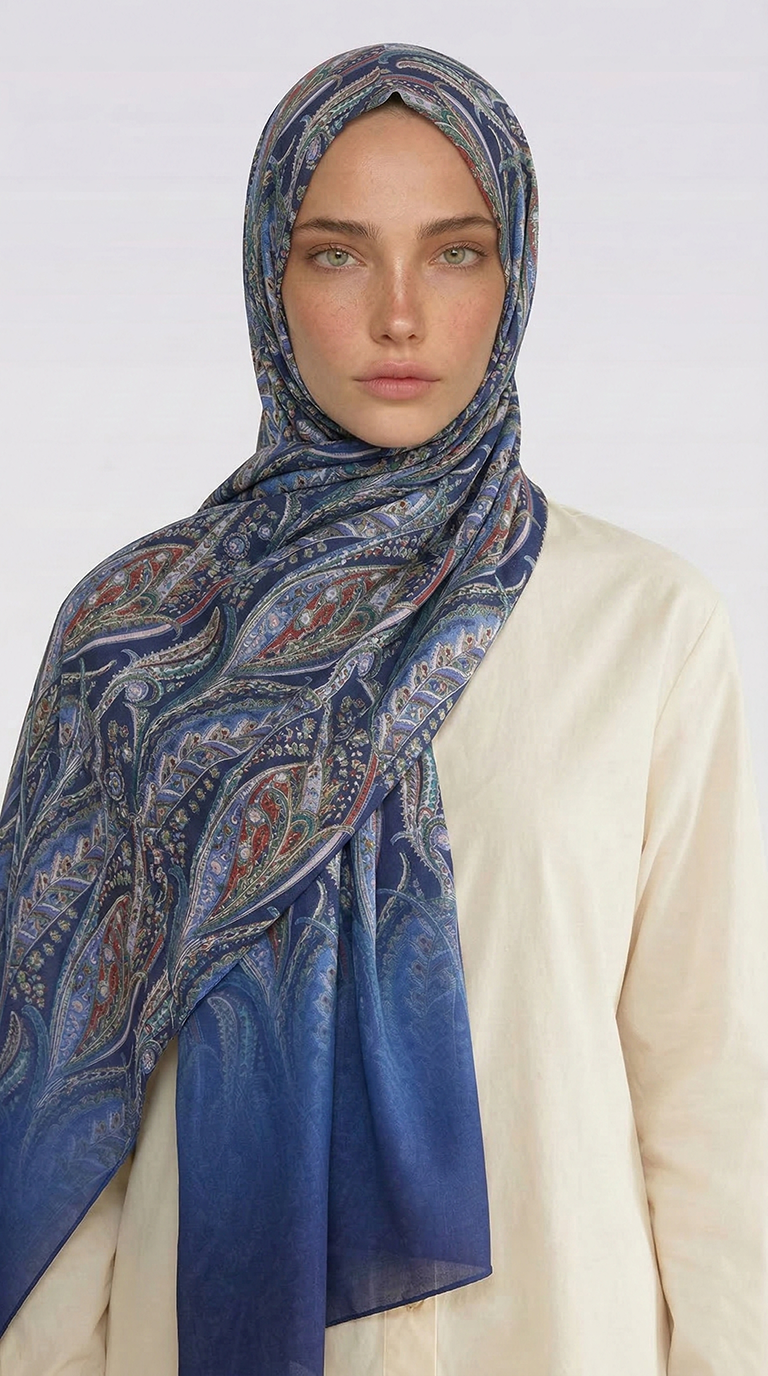 ALMERA DESENLİ COTTON ŞAL - LACİVERT / KİREMİT 
