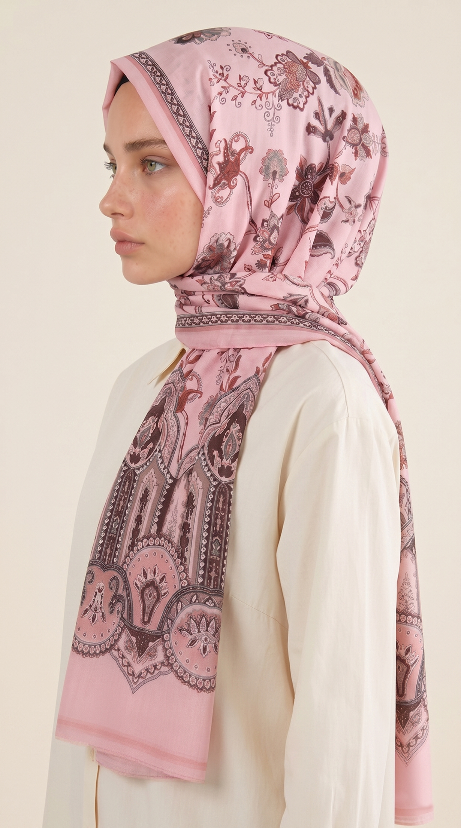 ALYA ETNİK DESENLİ COTTON ŞAL - PEMBE / KAHVERENGİ