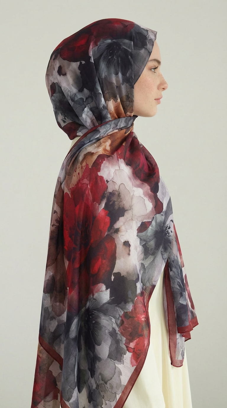 ÇİÇEK DESENLİ COTTON ŞAL - BORDO / GRİ 