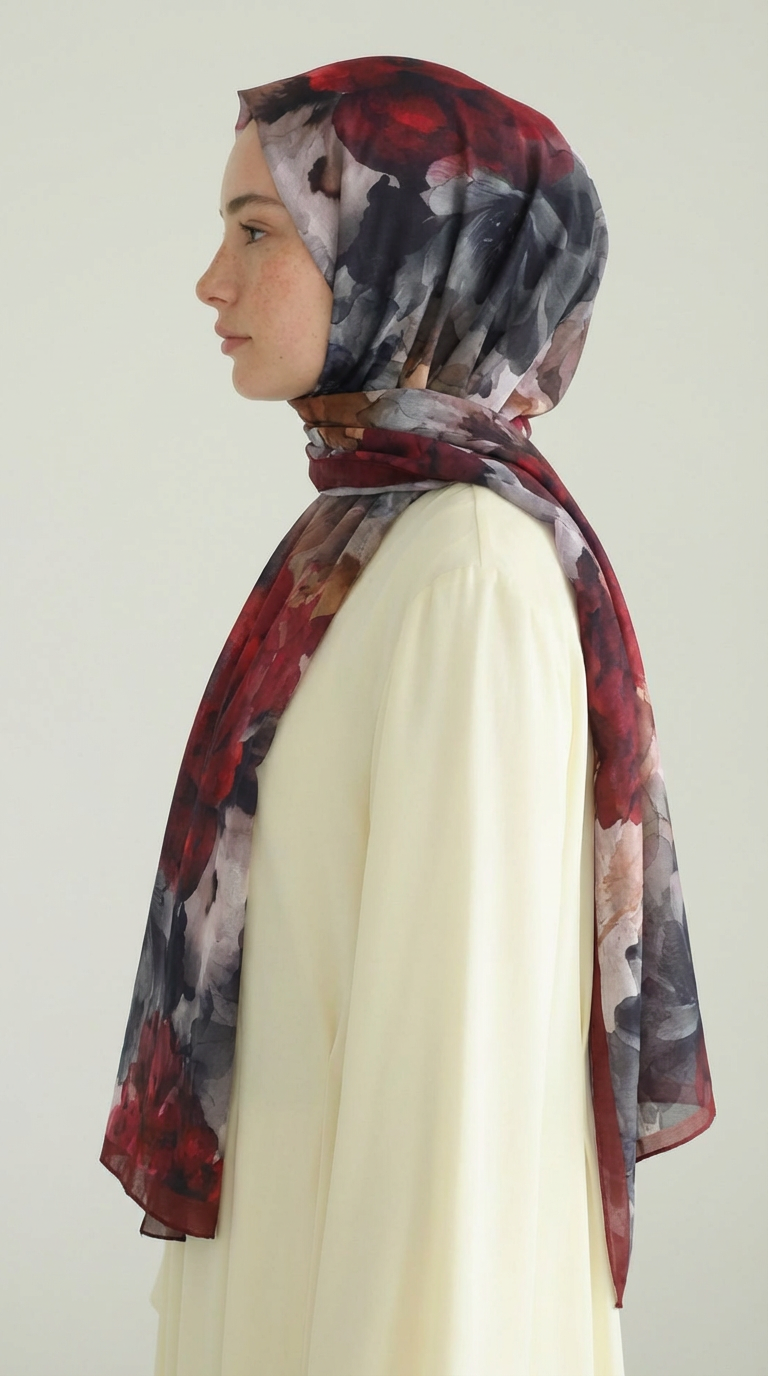 ÇİÇEK DESENLİ COTTON ŞAL - BORDO / GRİ 