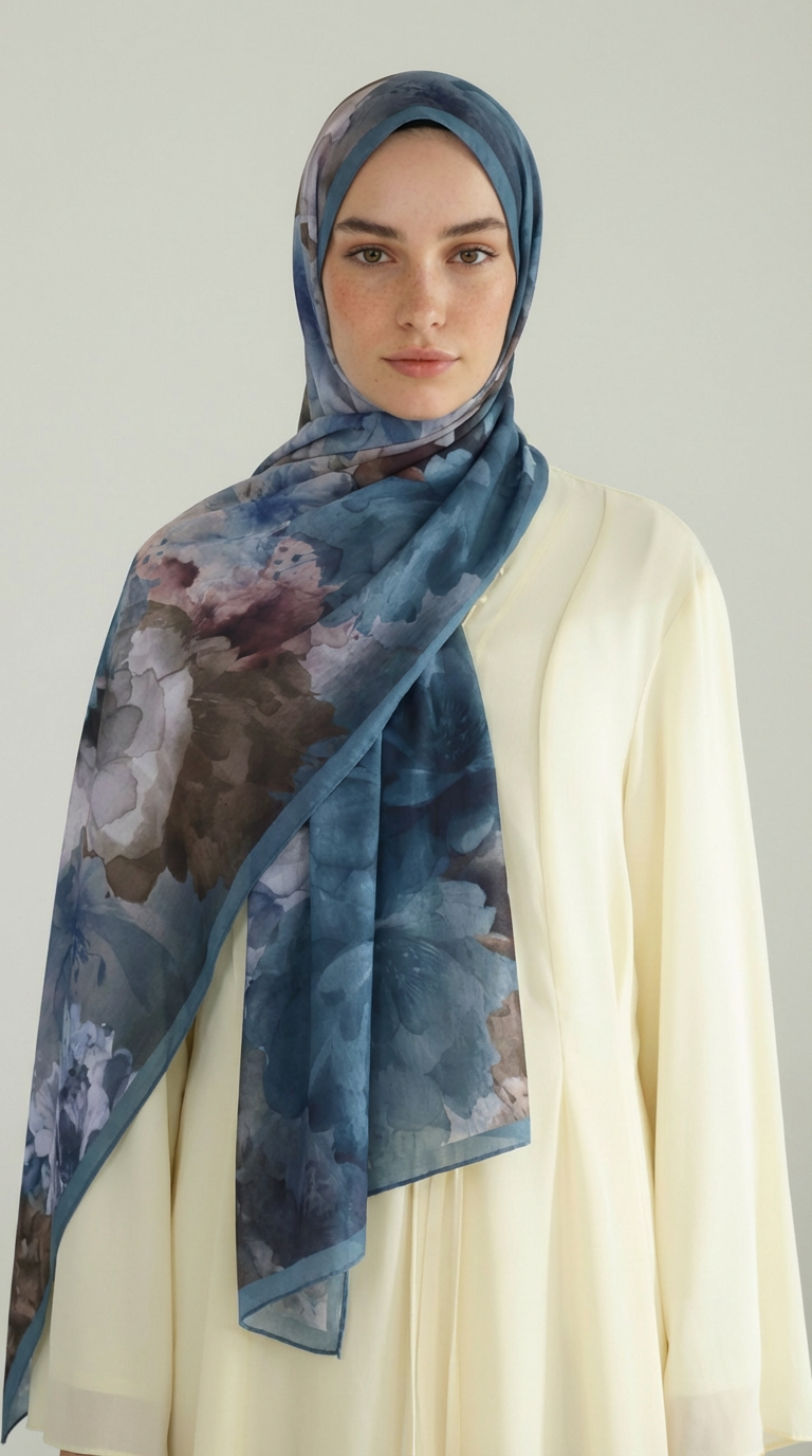 ÇİÇEK DESENLİ COTTON ŞAL - İNDİGO / MAVİ 