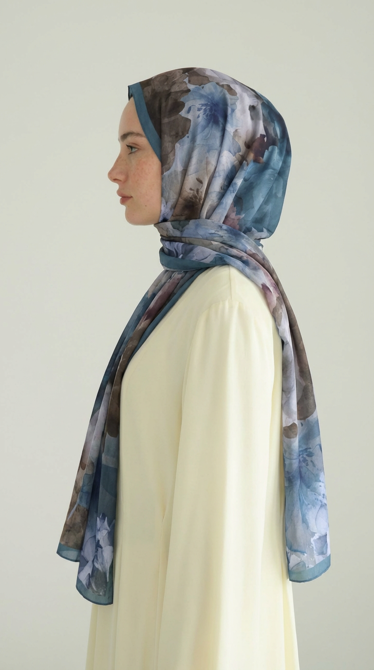ÇİÇEK DESENLİ COTTON ŞAL - İNDİGO / MAVİ 
